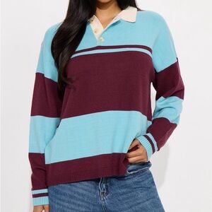Collar striped polo sweater in blue and burgundy